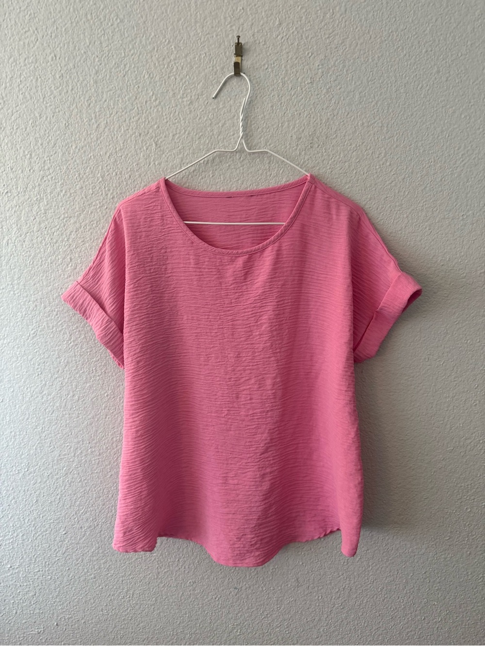 Pink Textured Dressy Top Going Out with Cuffed Short Sleeves